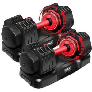 Yes4All 25/55LB Adjustable Dumbbells Pair/Single, 5-in-1 Dumbbells Adjustable Weights with Anti-Slip Handle & Sturdy Prolocks(55LBS – Pair – Red Grip)