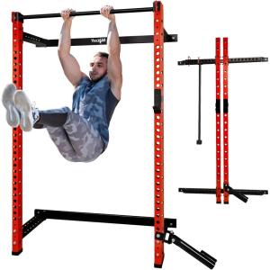 Yes4All 2″ x 2″ Tube with 1″ Hole Space Saving Folding Wall Mounted Squat Rack for Home Gym, 1000lbs Capacity Steel Power Cage with Adjustable Pull-Up Bar, 360 Degree Landmine & Strong Steel J-Hooks