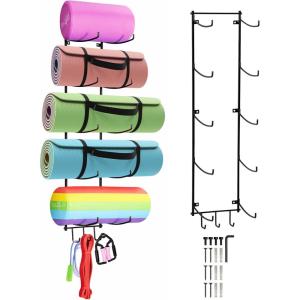 Yes4All 3-Tier and 5-Tier Steel Yoga Mat Rack Organizer Wall Mount with 3 Hooks, Foam Roller Holder Wall Mount Rack For Yoga Mat Storage, Hanging Yoga Strap and Resistance Bands