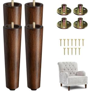 Yes4All 4.5 Inches Square Wood Furniture Legs Set of 4 – Wooden Replacement Feet for Couch, Bed, Bench – Adjustable Sofa, Ottomans Tapered Leg with Leveler – Nature Rubber Wood Parts for Table, Chair(Round Brown)