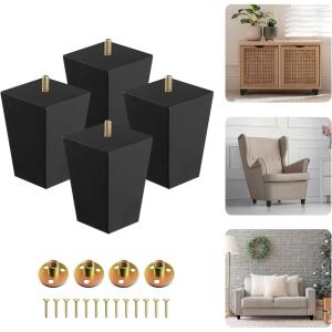 Yes4All 6 Inches Square Wood Furniture Legs Set of 4 – Wooden Replacement Feet for Couch, Bed, Bench – Adjustable Sofa, Ottomans Tapered Leg with Leveler – Brown Rubber Wood Parts for Table, Chair(Square Black)