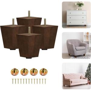 Yes4All 6 Inches Square Wood Furniture Legs Set of 4 – Wooden Replacement Feet for Couch, Bed, Bench – Adjustable Sofa, Ottomans Tapered Leg with Leveler – Brown Rubber Wood Parts for Table, Chair(Square Brown)