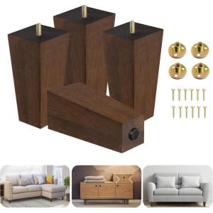 Yes4All 6 Inches Square Wood Furniture Legs Set of 4 – Wooden Replacement Feet for Couch, Bed, Bench – Adjustable Sofa, Ottomans Tapered Leg with Leveler – Brown Rubber Wood Parts for Table, Chair(Square Wood Leg)