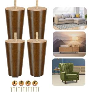 Yes4All 6 Inches Square Wood Furniture Legs Set of 4 – Wooden Replacement Feet for Couch, Bed, Bench – Adjustable Sofa, Ottomans Tapered Leg with Leveler – Brown Rubber Wood Parts for Table, Chair(Round Brown)