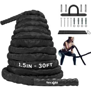 Yes4All Battle Rope with Protective Cover – Steel Anchor & Strap Included – Poly Dacron 1.5in – 30ft