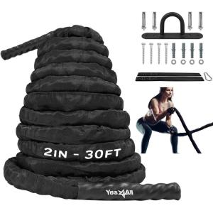 Yes4All Battle Ropes, Workout Rope with Cover, Steel Anchor & Strap Included, Heavy Ropes for Exercise Training – 1.5/2 Inch Diameter, 30, 40, 50 Ft Length(2in – 30ft)