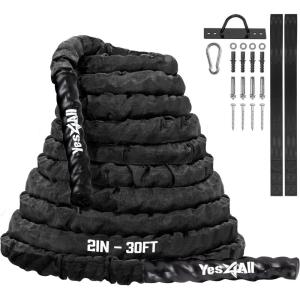 Yes4All Battle Ropes, Workout Rope with Cover, Steel Anchor & Strap Included, Heavy Ropes for Exercise Training – 1.5/2 Inch Diameter, 30, 40, 50 Ft Length(Black)