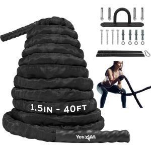 Yes4All Battle Ropes, Workout Rope with Cover, Steel Anchor & Strap Included, Heavy Ropes for Exercise Training – 1.5/2 Inch Diameter, 30, 40, 50 Ft Length(Grey – 1.5in – 40ft)