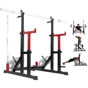Yes4All Squat Rack for Home Gym, Adjustable Barbell Stand Rack, Multi-Function Weight Lifting, Dip Bar Station, Bench Press Rack Stand, Weight Plate Storage – Capacity Up to 600LBS(Black & Red)